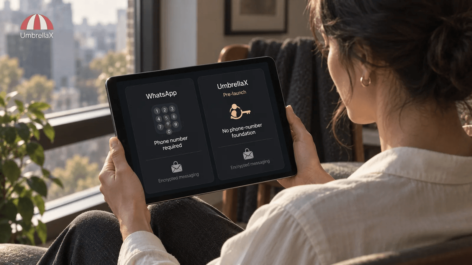 A person compares WhatsApp phone-number registration with the pre-launch UmbrellaX identity design.