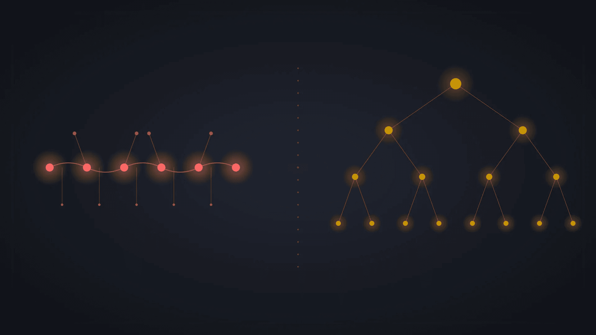 Abstract blueprint of two cryptographic structures, a chained ratchet on the left and a balanced binary tree on the right, in red and gold on a dark navy background.