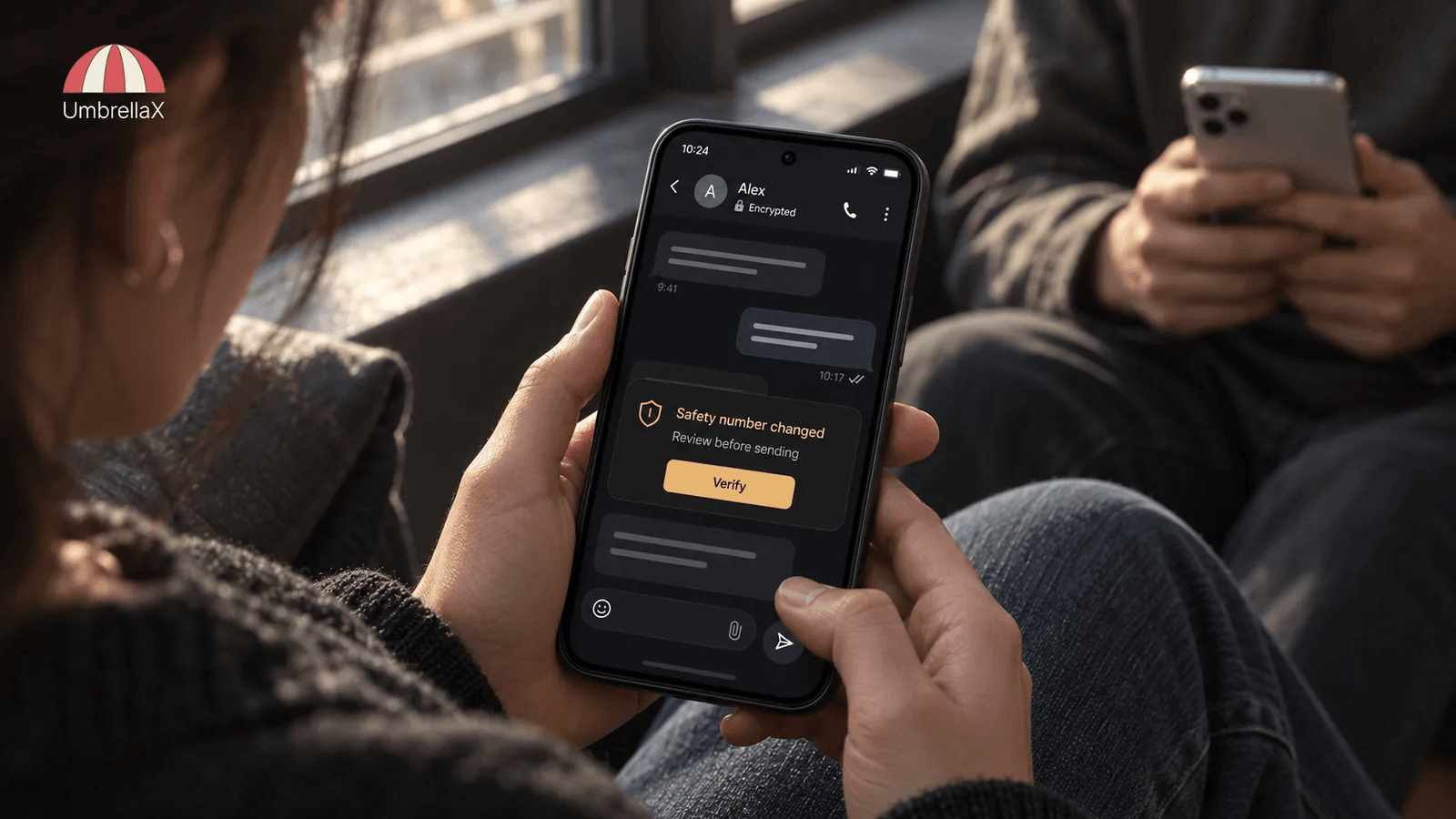 A person pauses at a changed-encryption-key notification before sending a message.