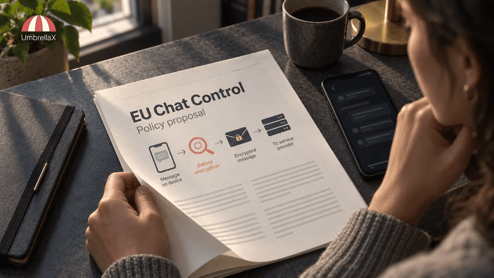 A reader examines a Chat Control proposal diagram showing inspection before message encryption.