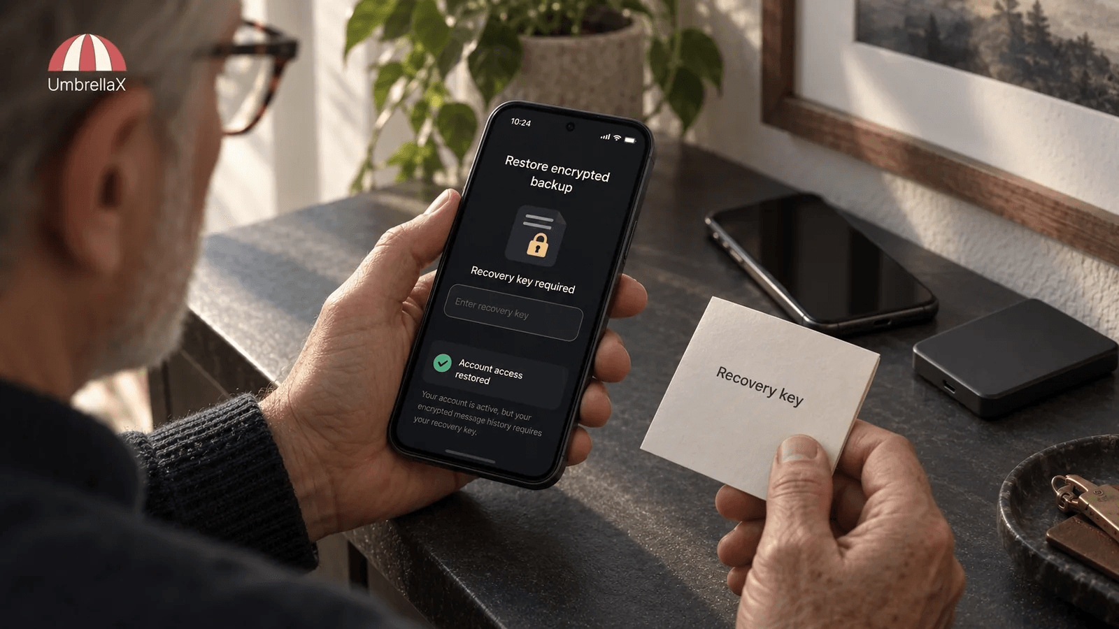 An older adult holds a recovery-key card beside a phone restoring an encrypted backup.