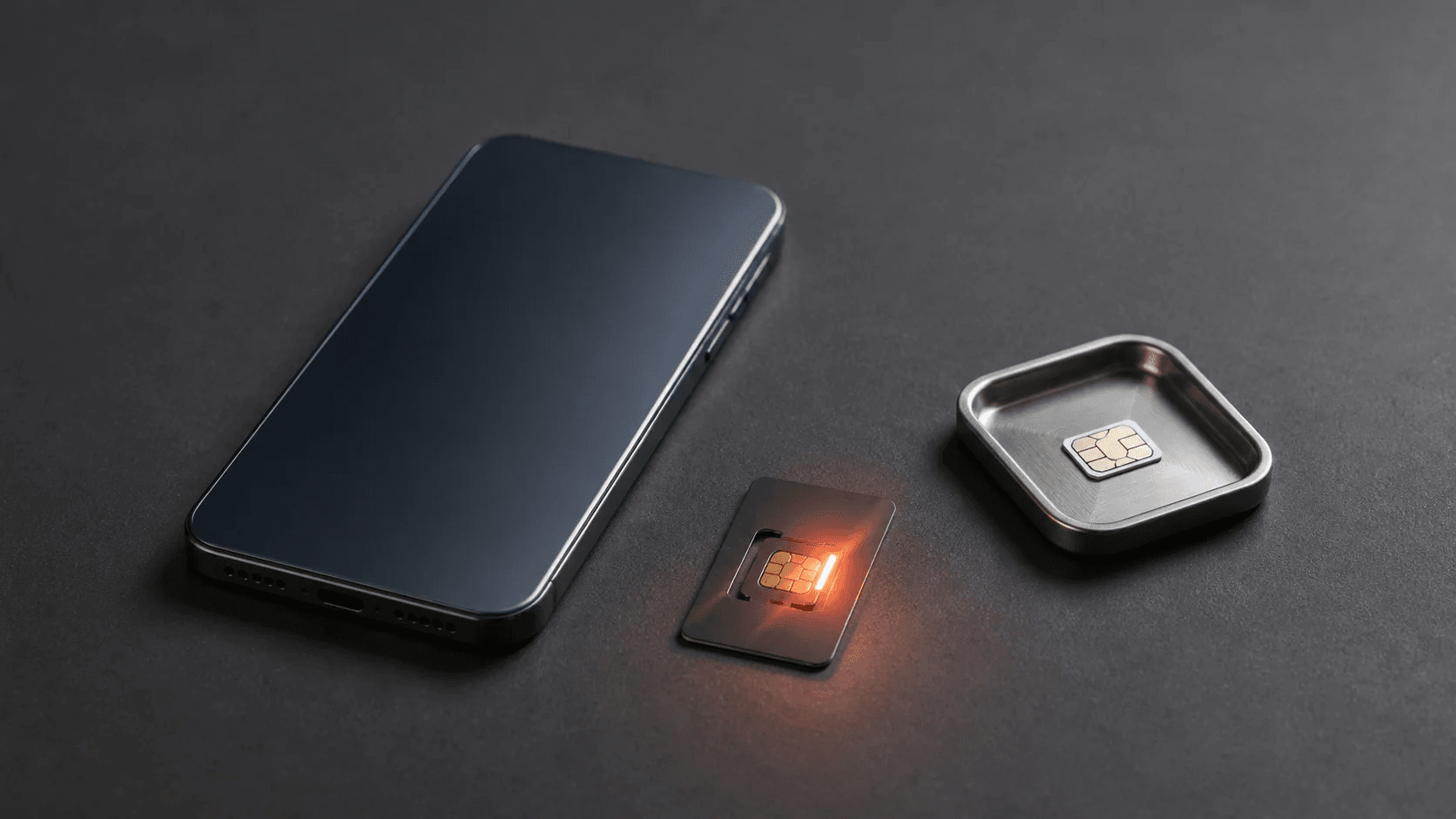 A phone, eSIM activation card, and SIM card separated to show carrier-controlled identity risk.