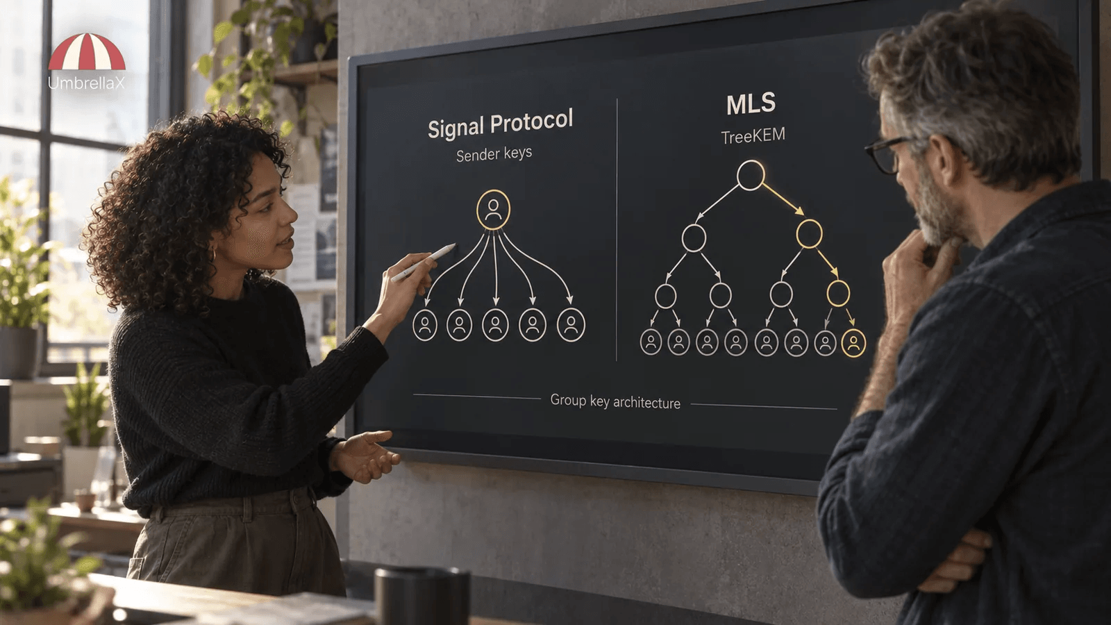 Two engineers compare Signal sender keys with an MLS TreeKEM group diagram.