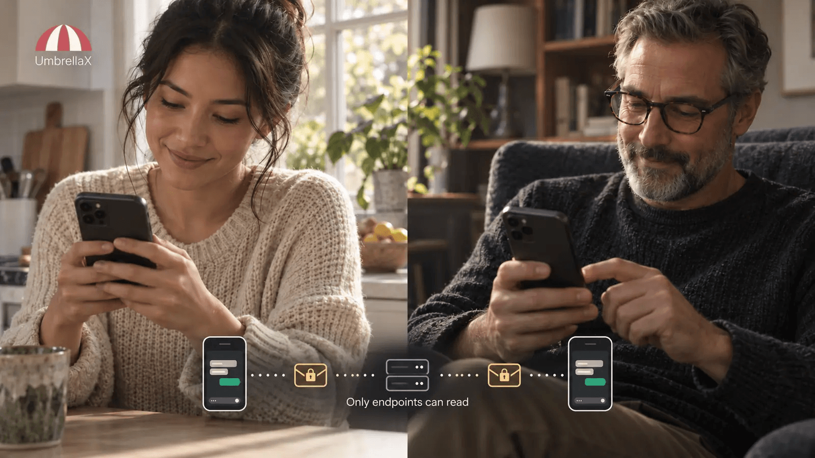 Two people message from separate homes, with a diagram showing that only endpoints read the content.