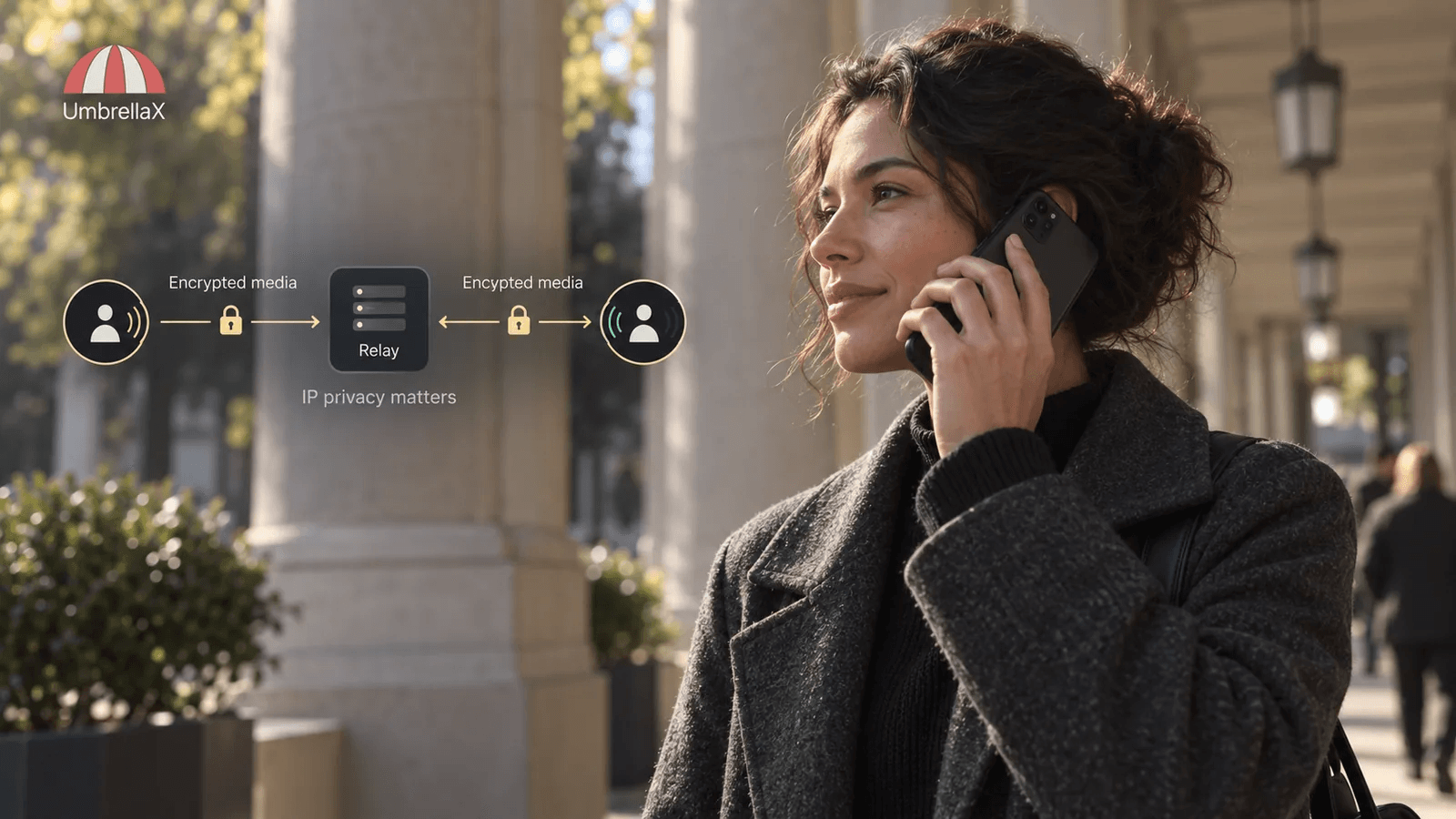 A person makes a private voice call beside an illustration of its network route.