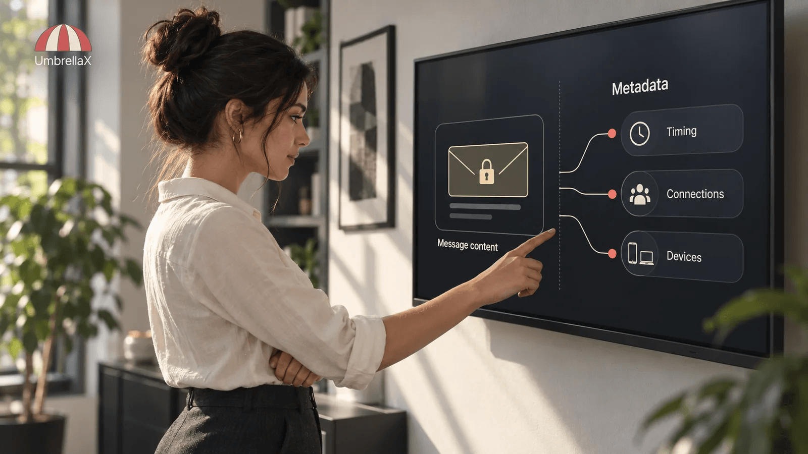 A researcher points to timing, connection and device metadata beside encrypted message content.