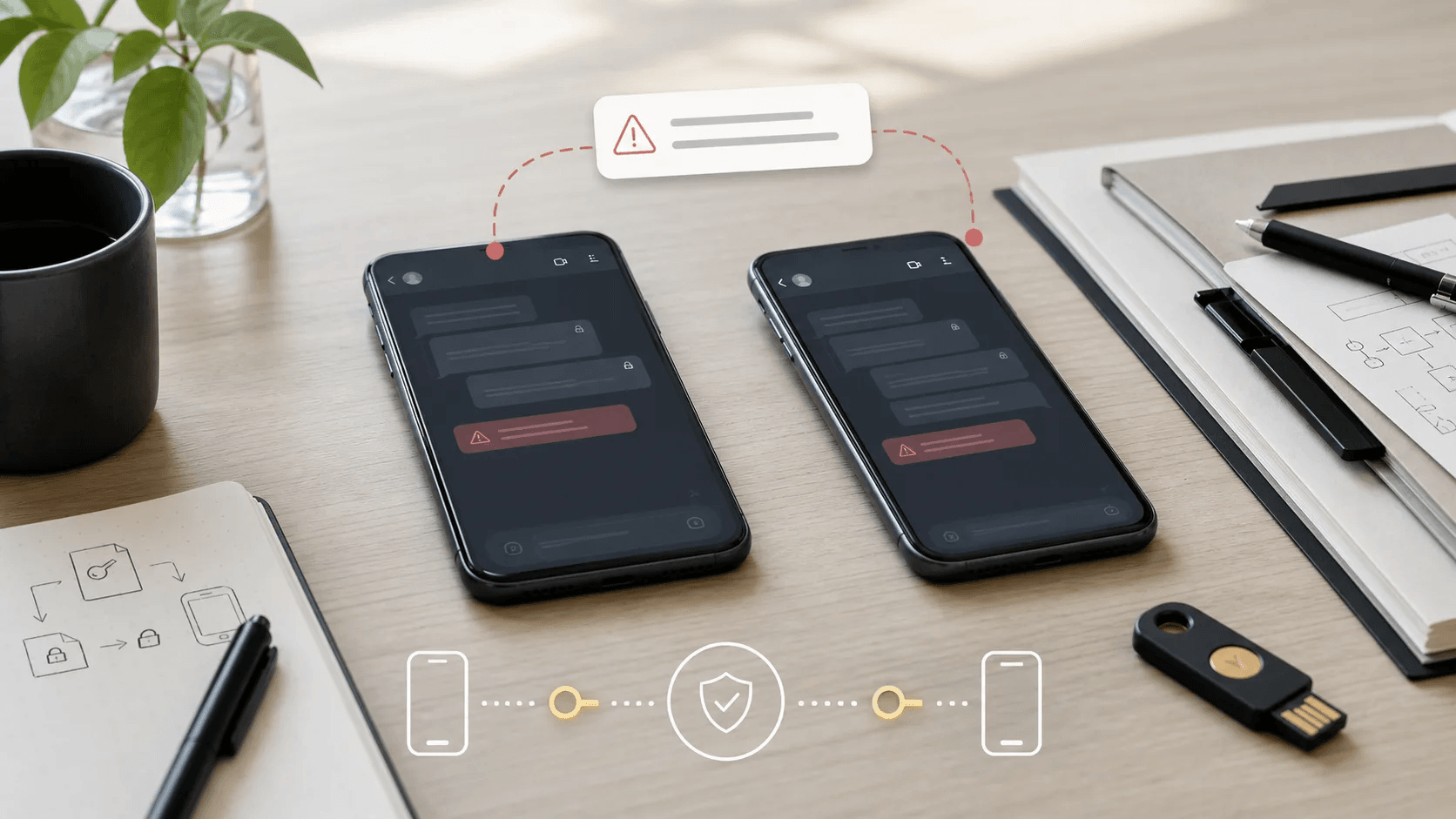 Two phones showing encrypted chat key change alerts beside a hardware security key on a desk.