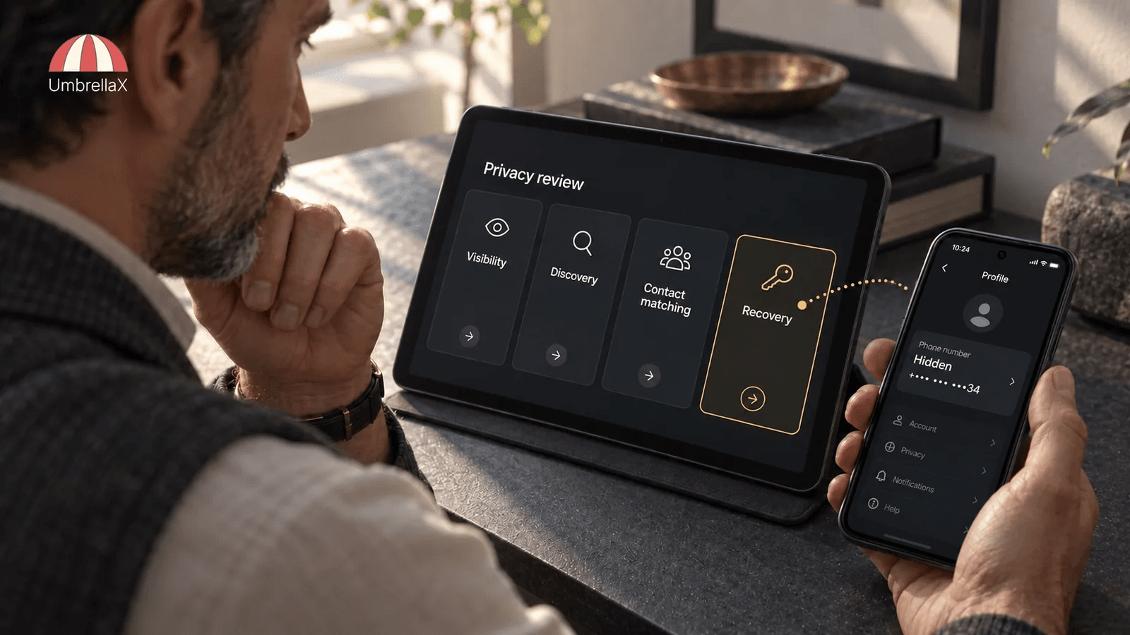 A person examines four separate phone-number privacy boundaries on a tablet.