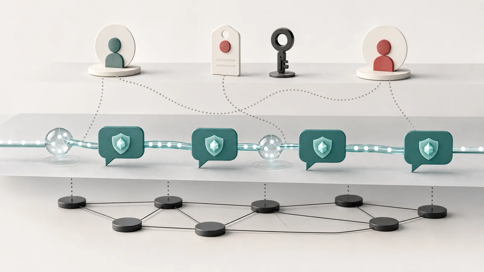 Layered encrypted message bubbles separated from identity tags and network nodes, representing anonymous messaging privacy.