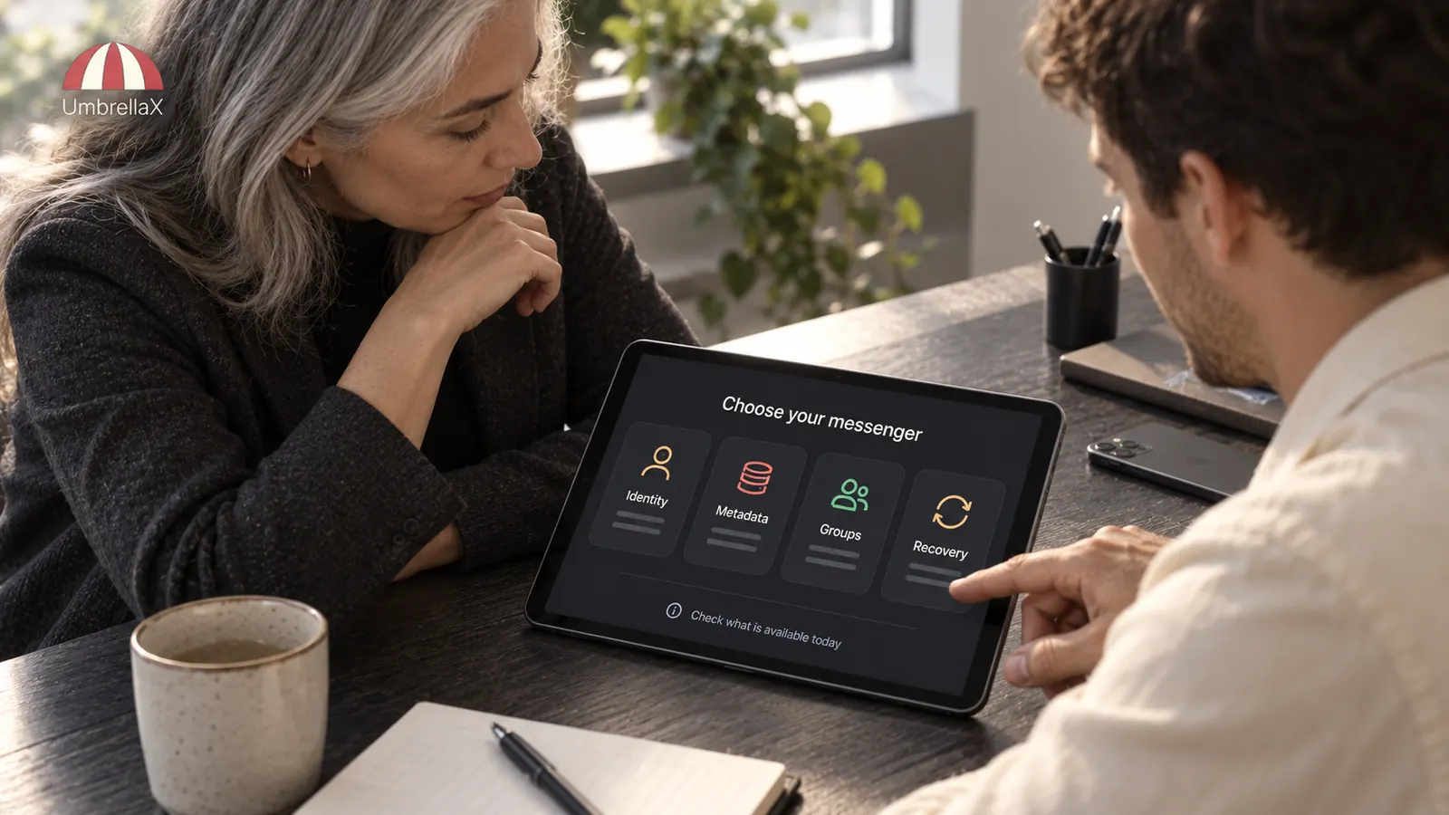Two people compare identity, metadata, group and recovery criteria on a tablet.