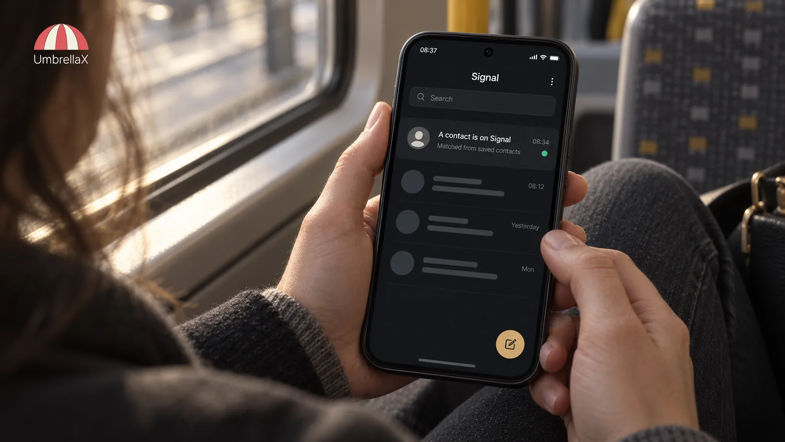 A person checks a contact-joined notification on a phone during a commute.