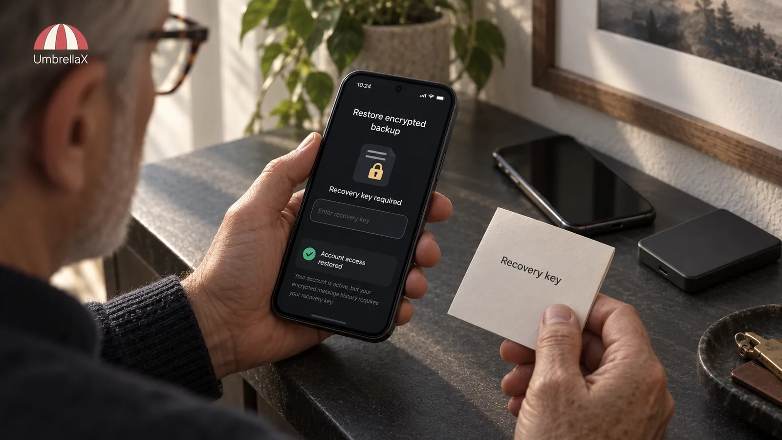 An older adult holds a recovery-key card beside a phone restoring an encrypted backup.