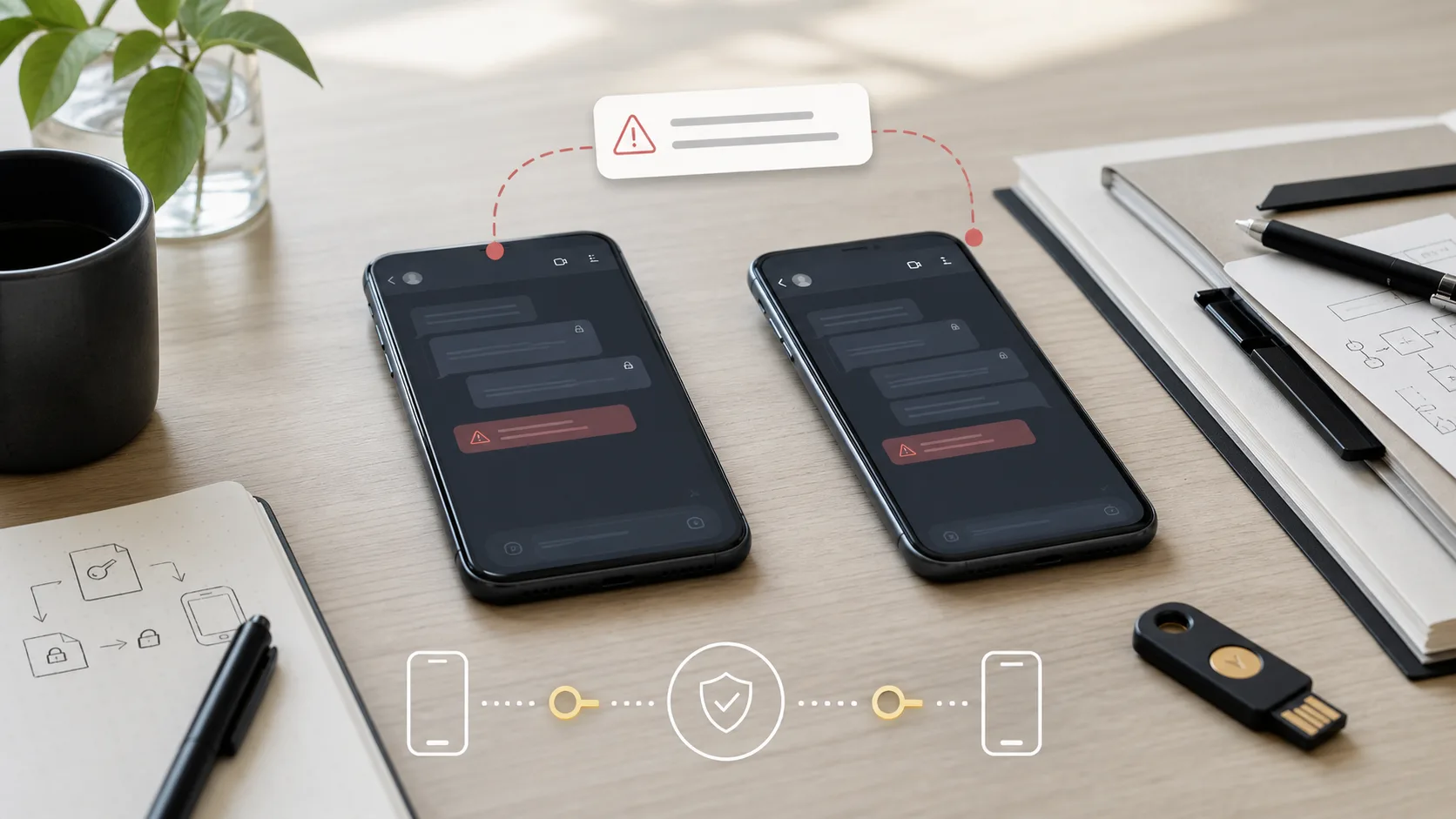 Two phones showing encrypted chat key change alerts beside a hardware security key on a desk.