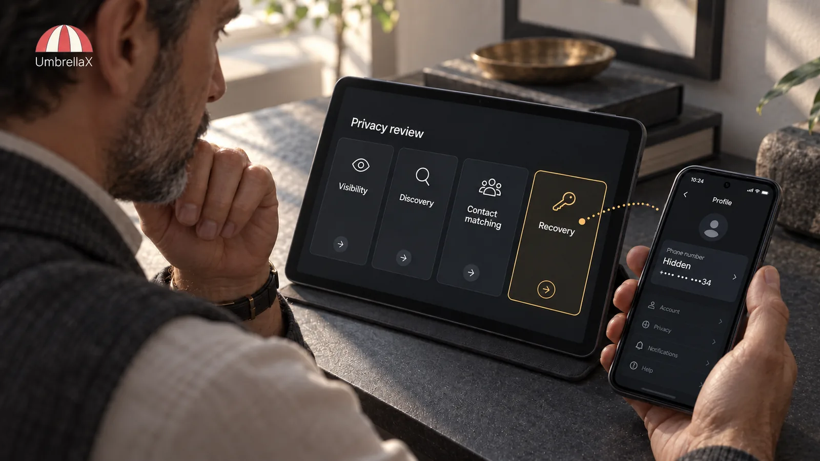 A person examines four separate phone-number privacy boundaries on a tablet.