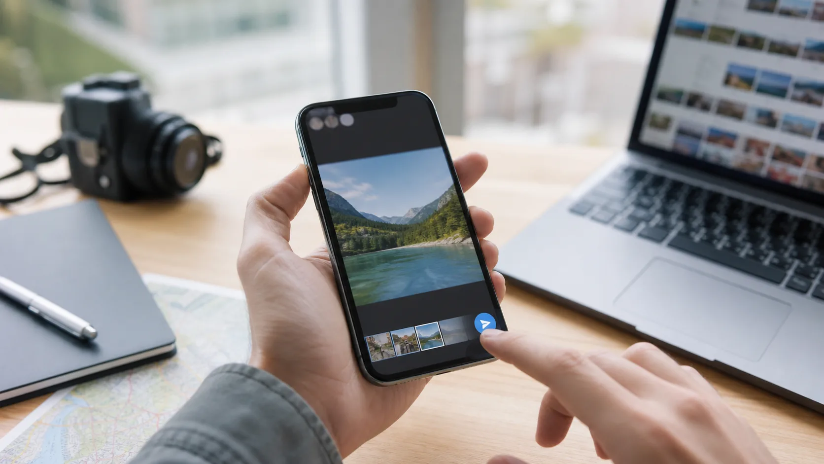 A person sharing a landscape photo from a smartphone on a desk with a camera, laptop, and map nearby.