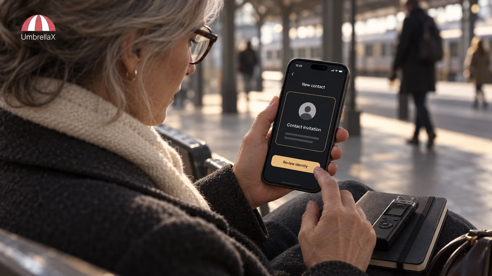 A journalist checks a new contact invitation while waiting at a station.