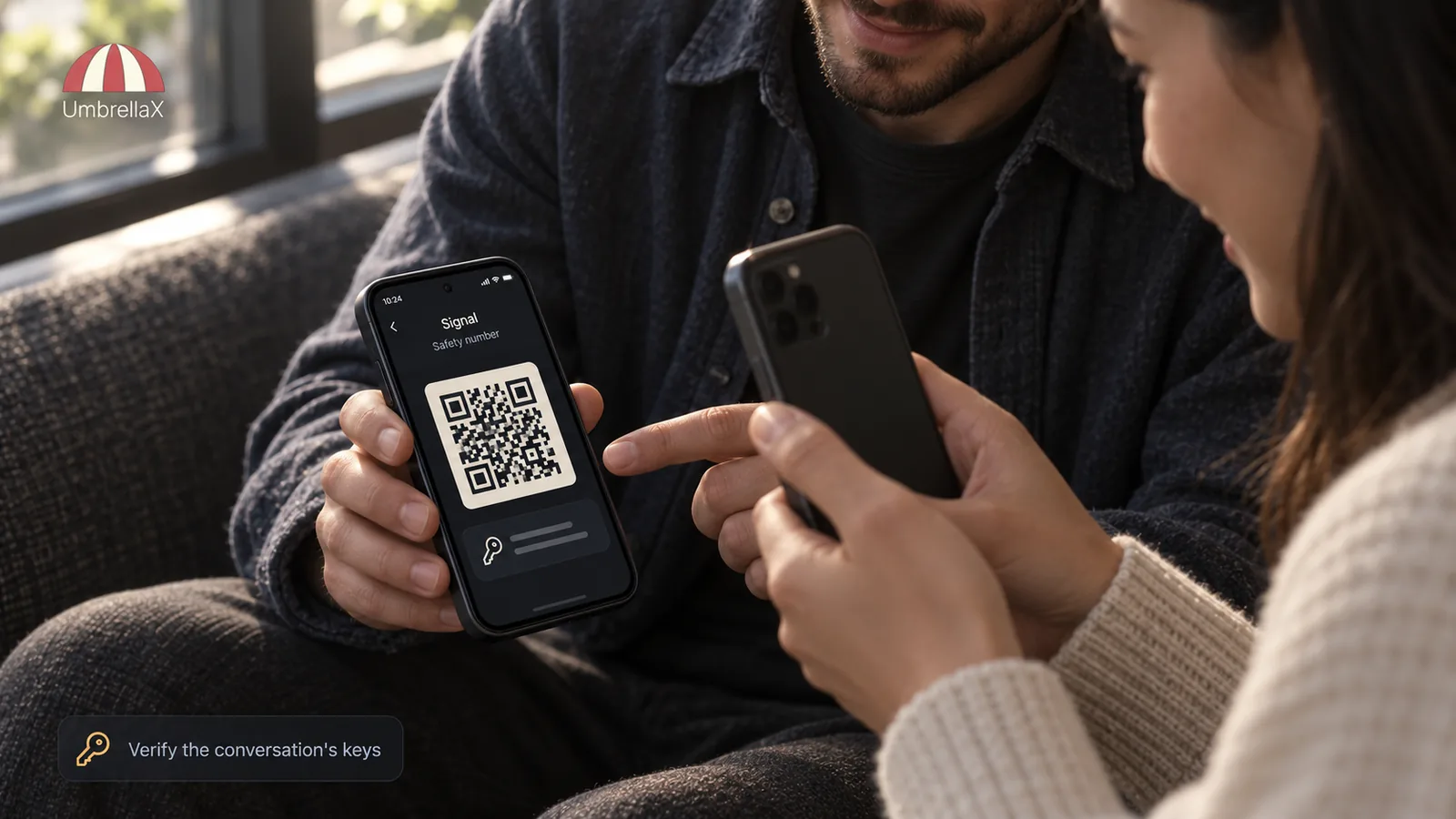Two people compare a Signal safety number on their phones in person.
