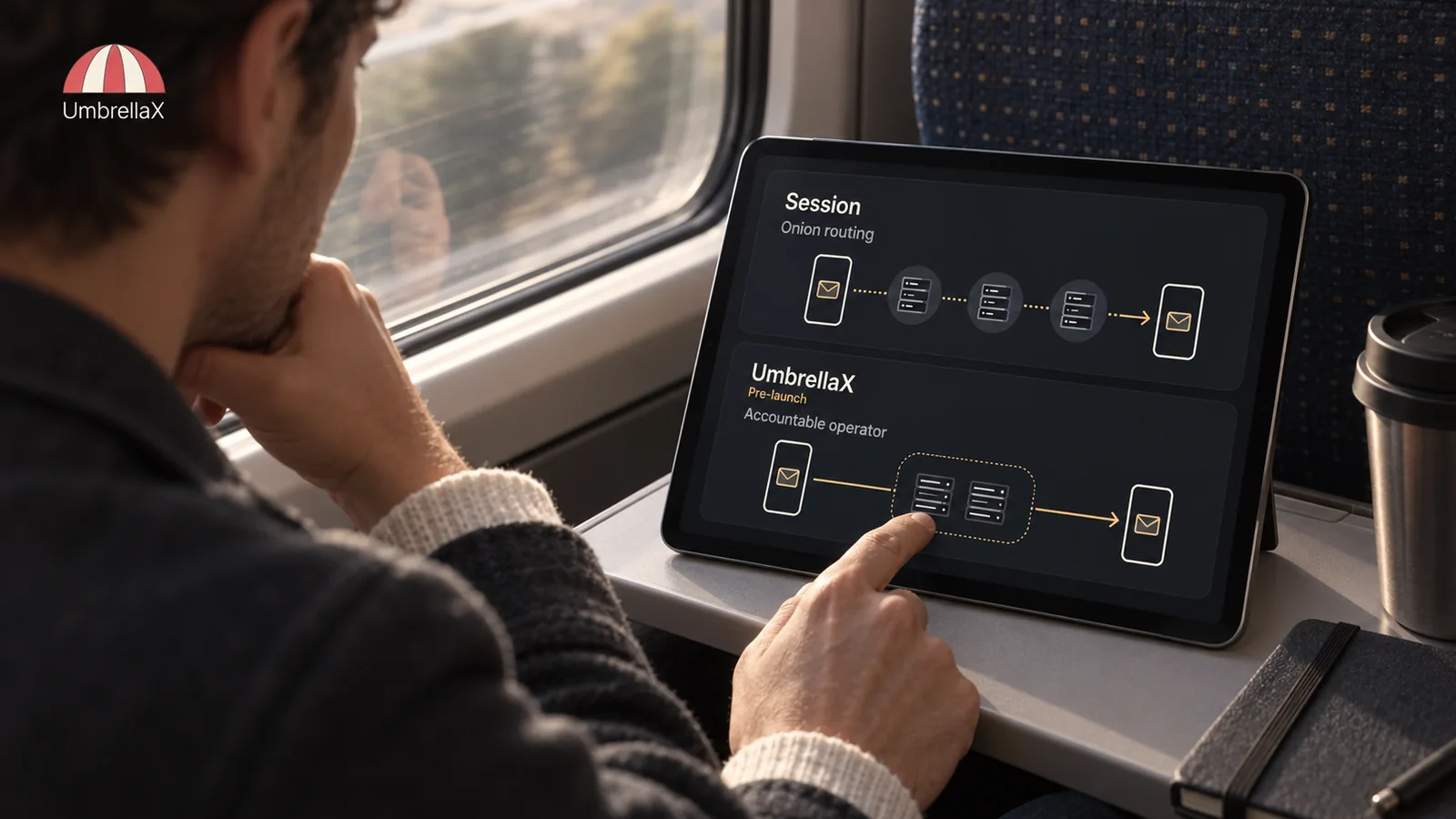 A traveller compares Session onion routing with the planned UmbrellaX operator model on a tablet.