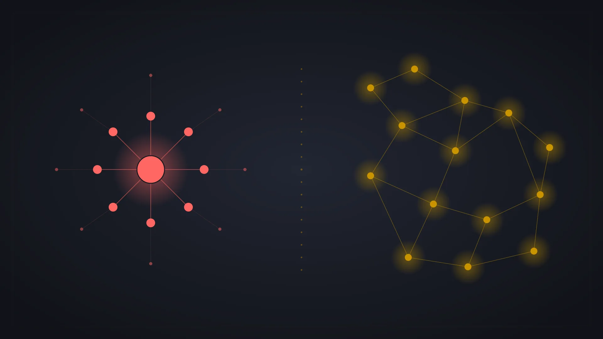 Abstract blueprint of two network topologies, a centralised red hub and spoke pattern and a distributed gold mesh, facing each other on a dark navy background.