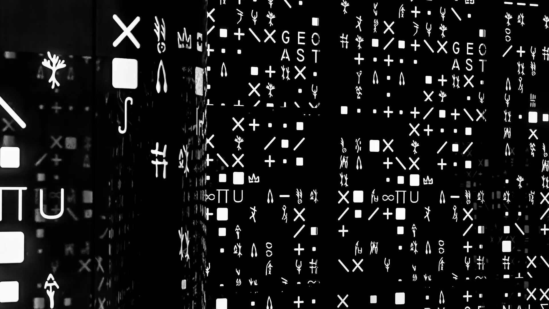 Abstract black and white grid of cipher glyphs evoking encoded message structure.