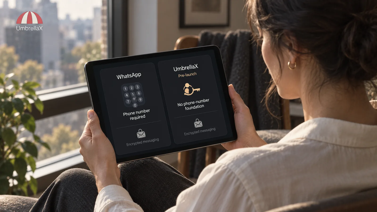 A person compares WhatsApp phone-number registration with the pre-launch UmbrellaX identity design.